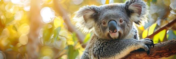 A koala is sitting on a tree branch photo