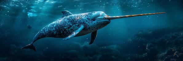 A narwhal with a long horn in the water photo