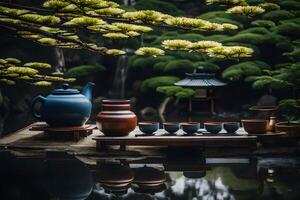 Tea pots and cups sit on a wooden table next to a pond photo