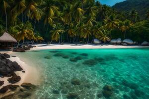 A tropical beach with palm trees and a hut photo