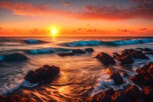 A beautiful sunset over the ocean with waves crashing against rocks photo