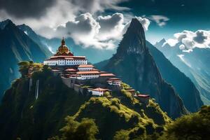 The buddhist temple is perched on top of a mountain photo