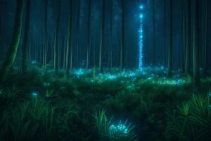 A forest with glowing trees and grass photo