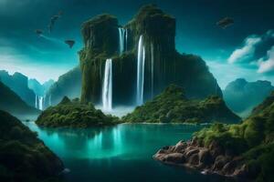 A waterfall in the middle of a green mountain photo