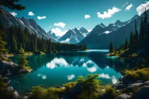 A beautiful lake surrounded by mountains and trees photo