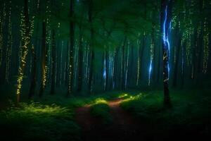 A path through the woods with lights on the trees photo