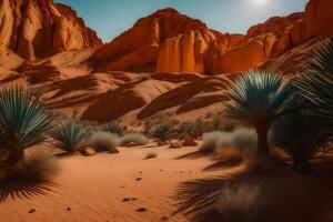 A desert scene with plants and rocks photo