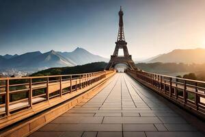 The eiffel tower is seen in the distance on a bridge photo