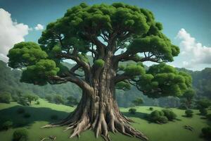 A large tree with large roots in the middle of a green field photo
