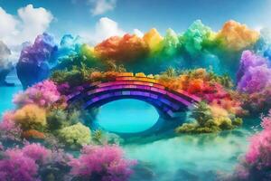 Rainbow bridge over water with trees and clouds photo