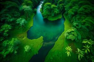 An aerial view of a river in the middle of a lush green forest photo