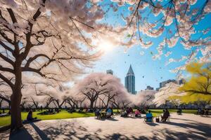 People sitting under cherry blossoms in a park photo