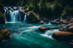 A waterfall is flowing down a river in the forest photo