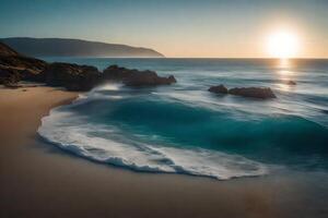 The sun sets over the ocean and waves at a beach photo