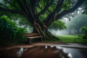 A bench under a tree in the fog photo