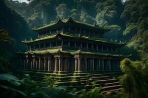 A temple in the jungle with green grass photo