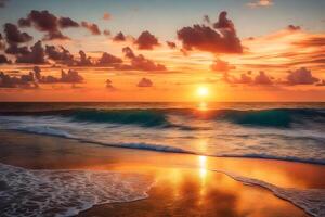A beautiful sunset over the ocean with waves and clouds photo