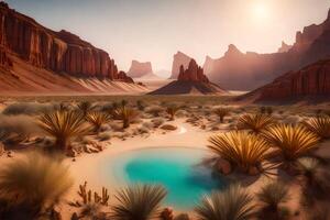 A desert landscape with a pool in the middle photo