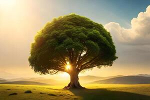 A tree is standing in the middle of a field with the sun shining through it photo