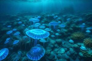 Jellyfish in the ocean with sunlight shining on them photo