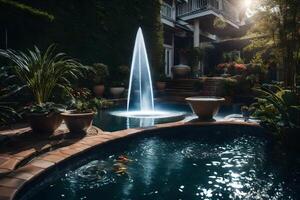 A fountain in a backyard with a pool and plants photo