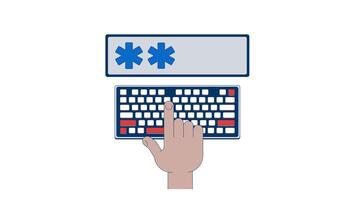 Password entry on keyboard 2D animation. User authentication. Hand pressing key on computer keyboard, typing four asterisks animated cartoon arm human body part 4K isolated on white transparent video