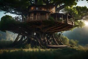 Tree house in the woods with a ladder photo