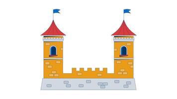Castle fortress towers with flags waving in wind 2D cartoon object animation. Fantasy stronghold. Secure fort fortification. Medieval historical animated flat colorful item 4K isolated on white video