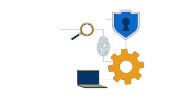 Cybersecurity icons connecting network 2D animation. Shields with keyholes, fingerprint, magnifying glass, laptop, gear animated composition cartoon flat concept metaphor 4K isolated on white video