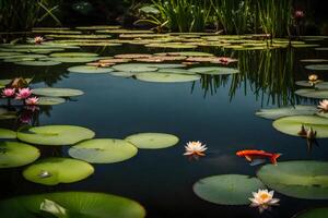 Koi fish in a pond with lily pads photo