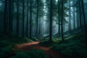 A path through a forest with trees and fog photo