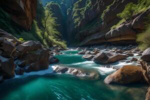 The river is flowing through a canyon with rocks and trees photo