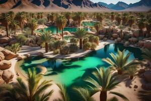 A desert landscape with palm trees and water photo
