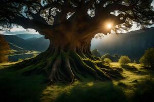 The sun shines through the tree trunk of an old oak tree photo
