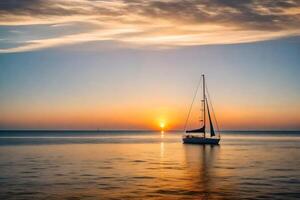 A sailboat is sailing in the ocean at sunset photo