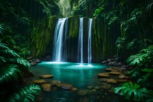 A waterfall in the jungle with green plants and water photo