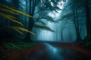 A path through a foggy forest with trees and ferns photo