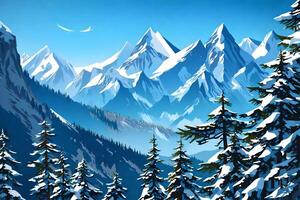 A painting of a snowy mountain range with trees photo
