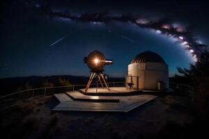 A telescope and a starry sky at night photo