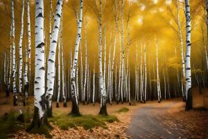 A path through a forest with many birch trees photo