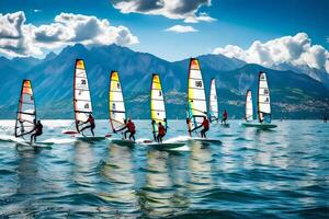 Windsurfers in the water with mountains in the background photo