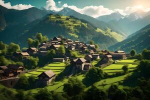 An aerial view of a village in the mountains photo