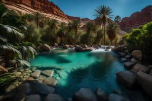 A river in the desert with palm trees and rocks photo