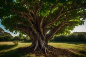 A large tree with large roots in the middle of a field photo