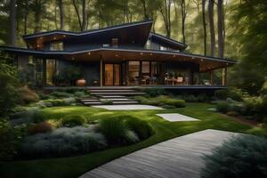 A modern house in the woods with a walkway photo