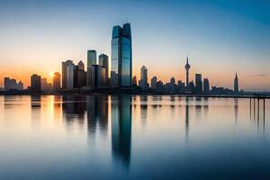 The city skyline is reflected in the water at sunset photo