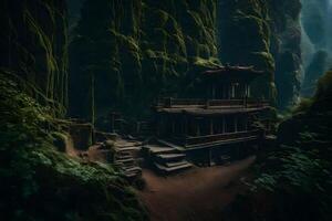 A small hut in the middle of a cave photo