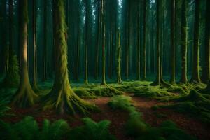 A forest with tall trees and green grass photo