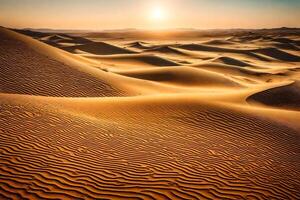 The sun is setting over the desert in this photo