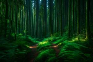 A path through a forest with green trees photo